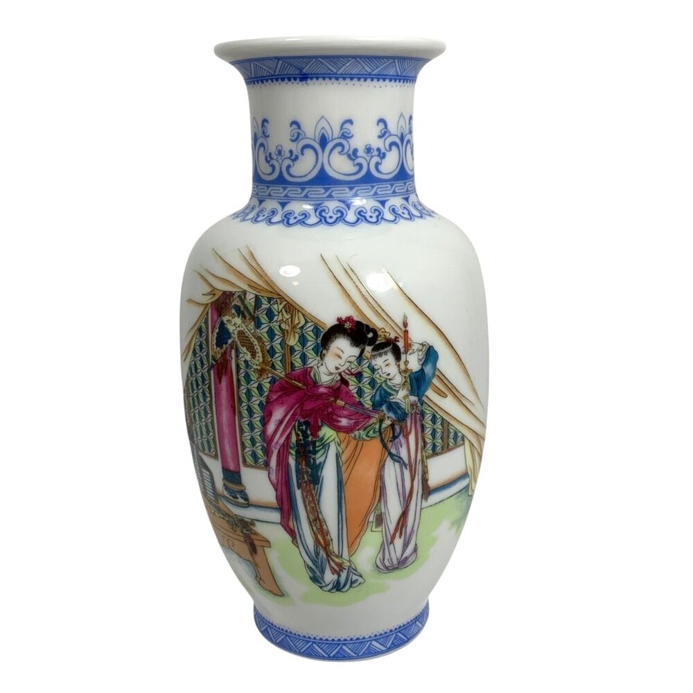 Jingdezhen Porcelain Vase Two Geisha Women Dancing w/ Swords + Chinese Poem